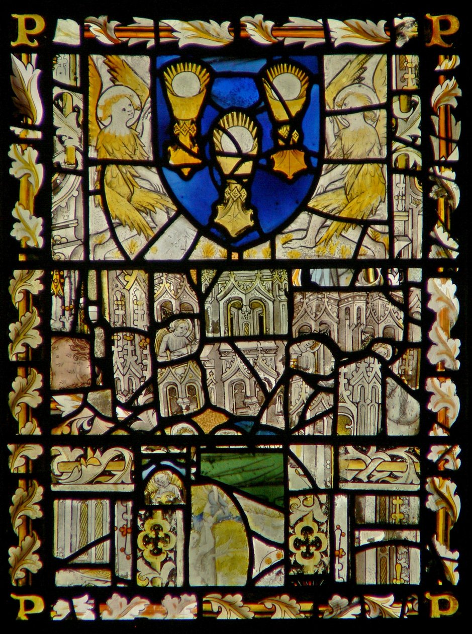 The east window depicting a shield with emblems of the Sacrament; fragments of canopy with figures by English School