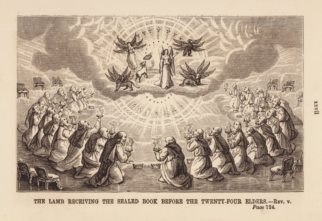 The lamb receiving the sealed book before the twenty-four elders by English School