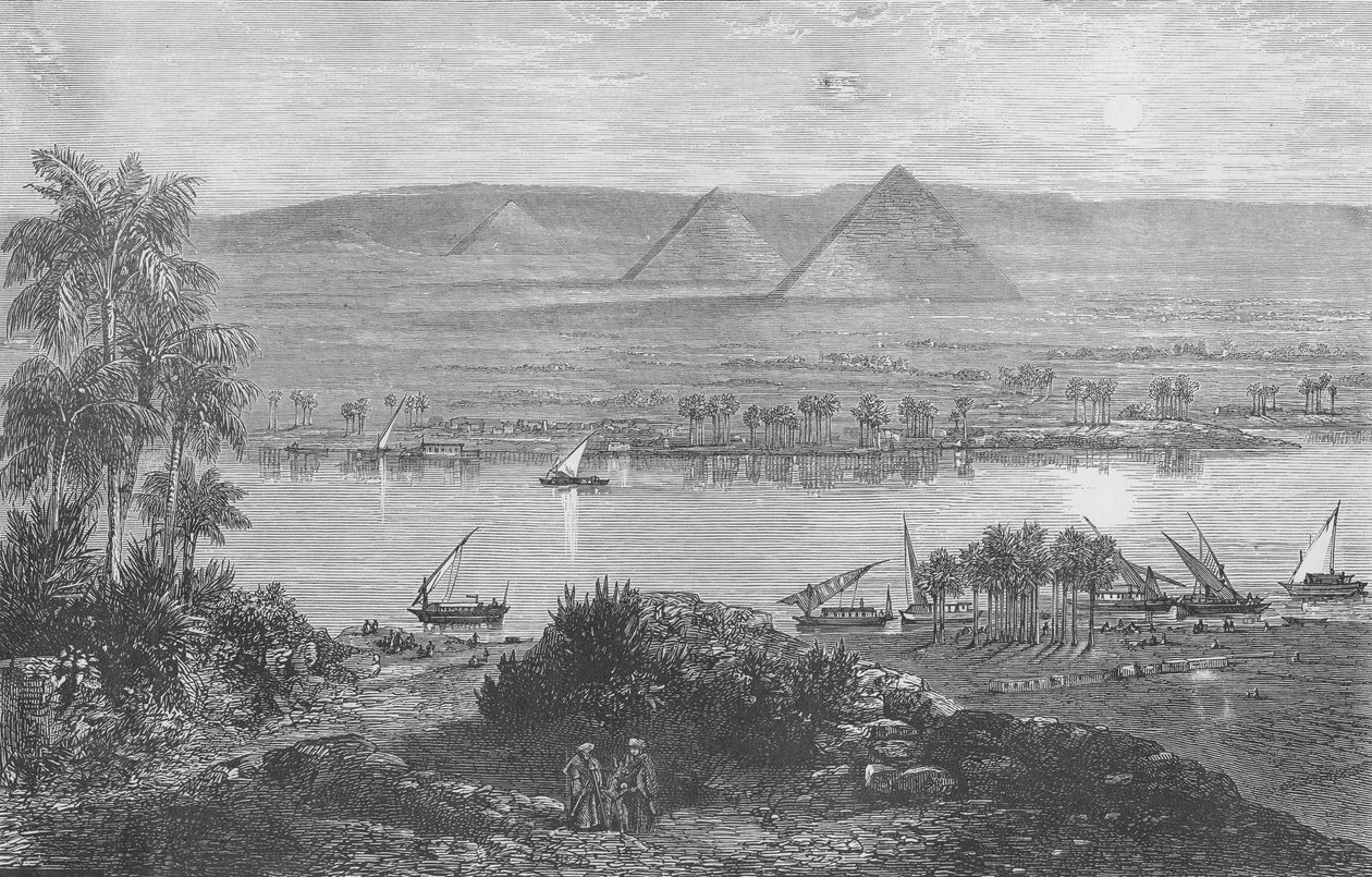 The pyramids of Gizeh, from the east bank of the Nile by English School