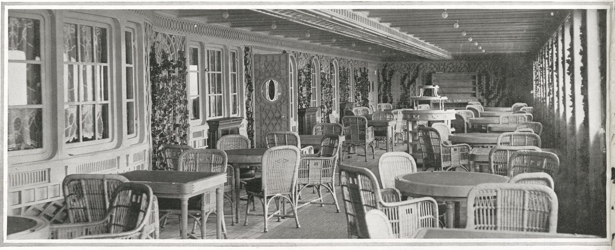The sumptuous Parisian cafe on Titanic, with its trelliswork and climbing plants, from 