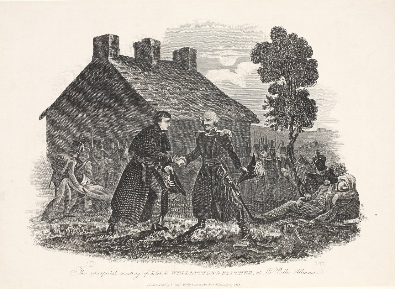 The Unexpected Meeting of Lord Wellington and Blucher at La Belle Alliance, 1811 by English School