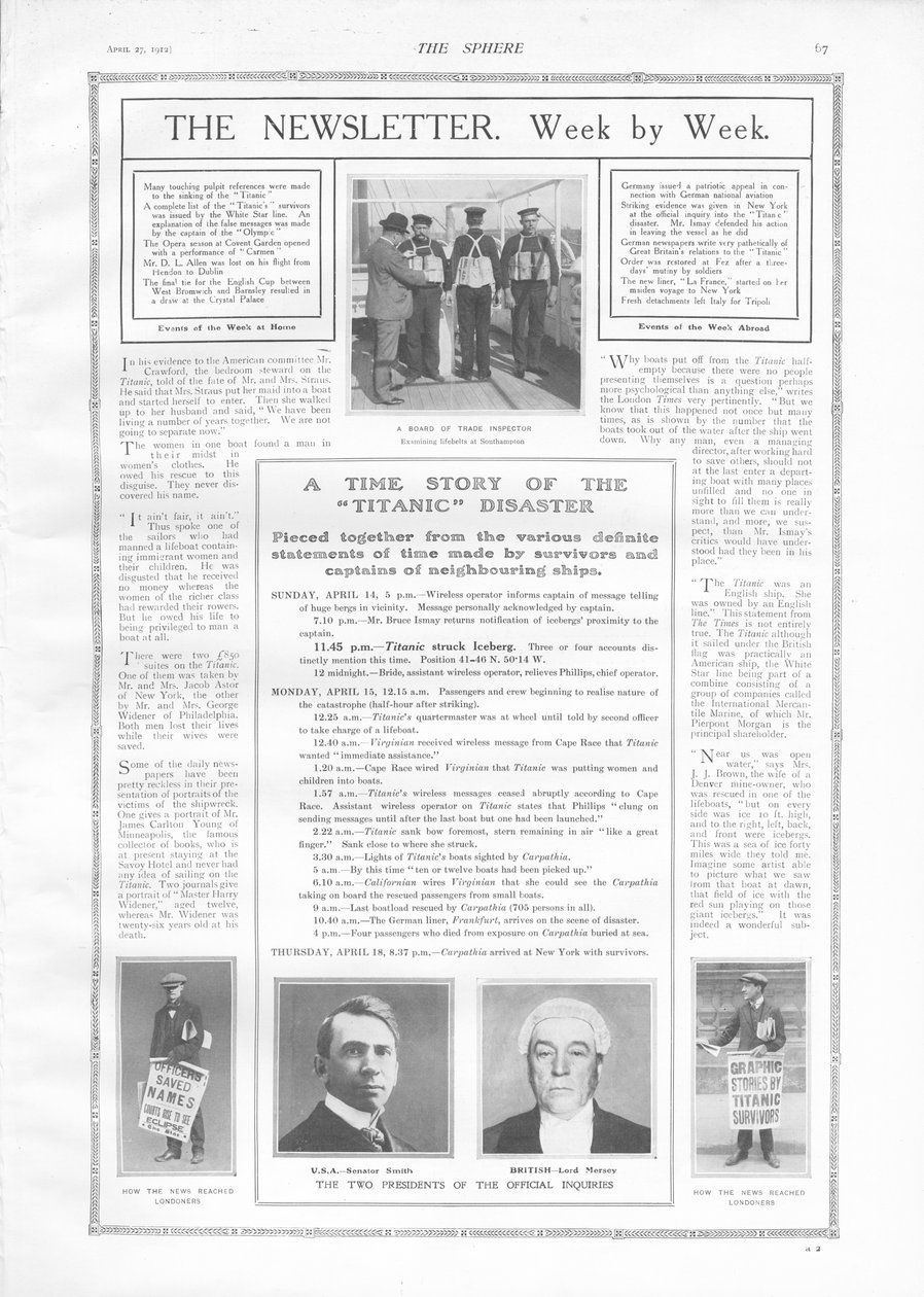 Timeline of events and articles about the sinking of the Titanic, from The Sphere, 27 April 1912 by English School