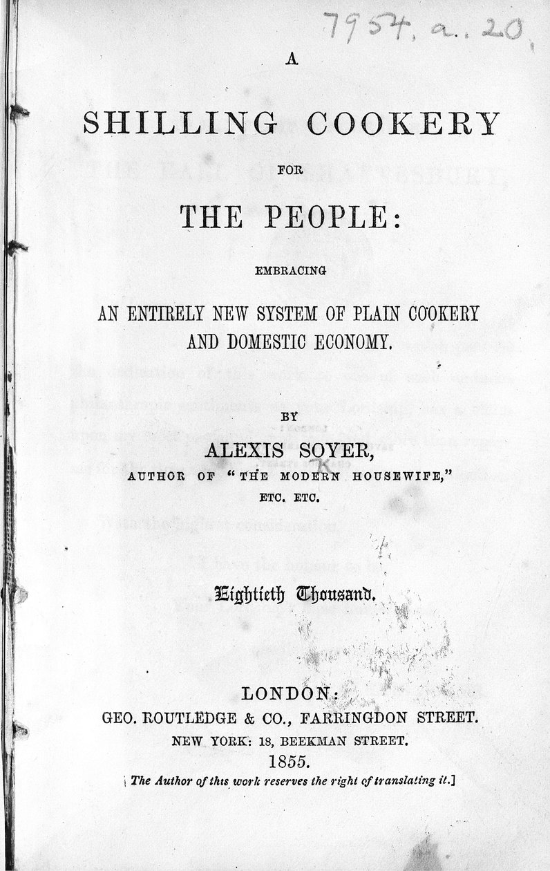 Title Page for A Shilling Cookery for The People by Alexis Soyer, published 1855 by English School