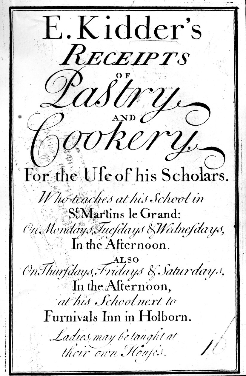 Title Page for E. Kidders Receipts of Pastry and Cookery, by Edward Kidder, published c.1730 by English School