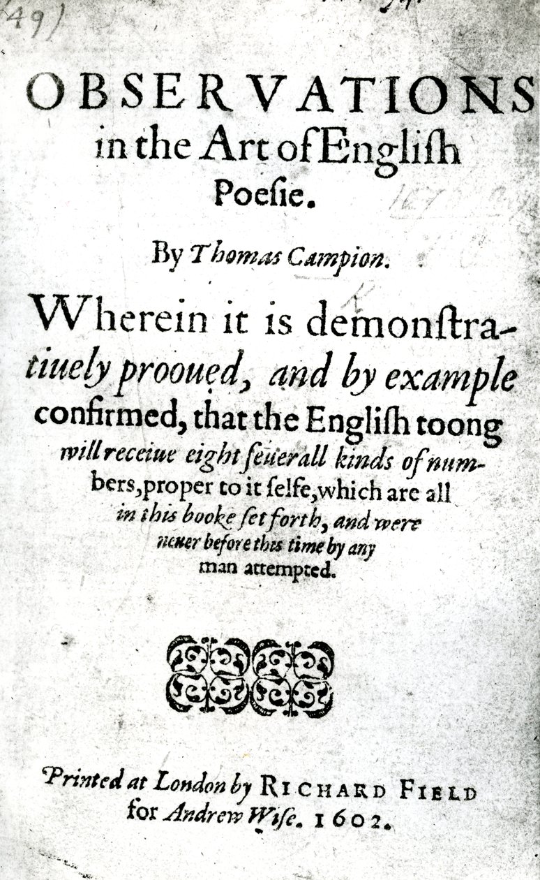 Title Page for Observations in the Art of English Poesie by Thomas Campion, published 1602 by English School