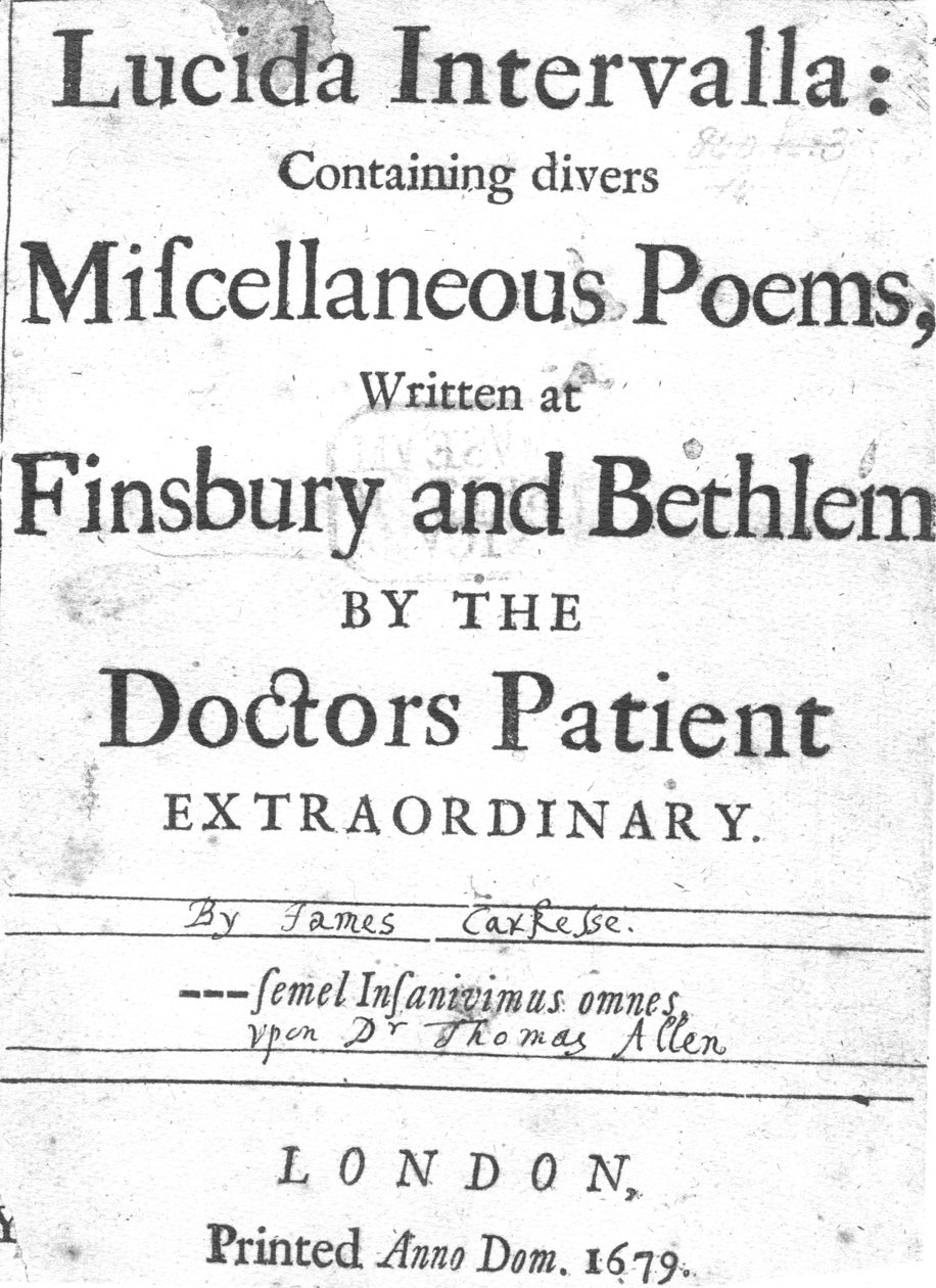 Title Page to Lucida Intervalla by James Carkesse, published 1679 by English School