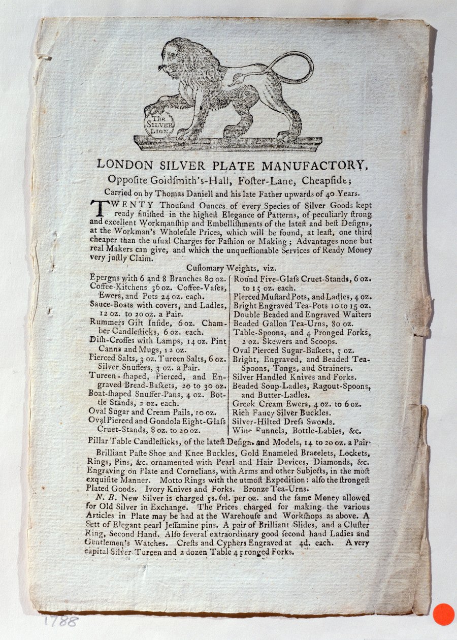Trade card for the London Silver Plate Manufactory by English School