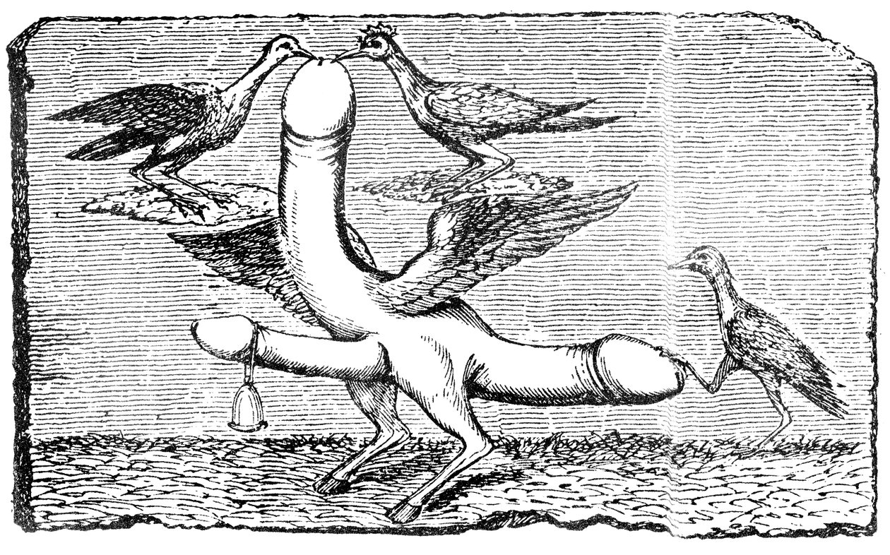 Triple phallus with wings, legs and feet of a goat, a bell, wings, two birds pecking the largest penis and another bird holding down the tail with its foot by English School