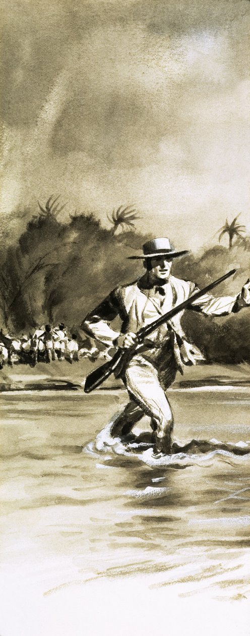 Unidentified Man Escaping Across River by English School