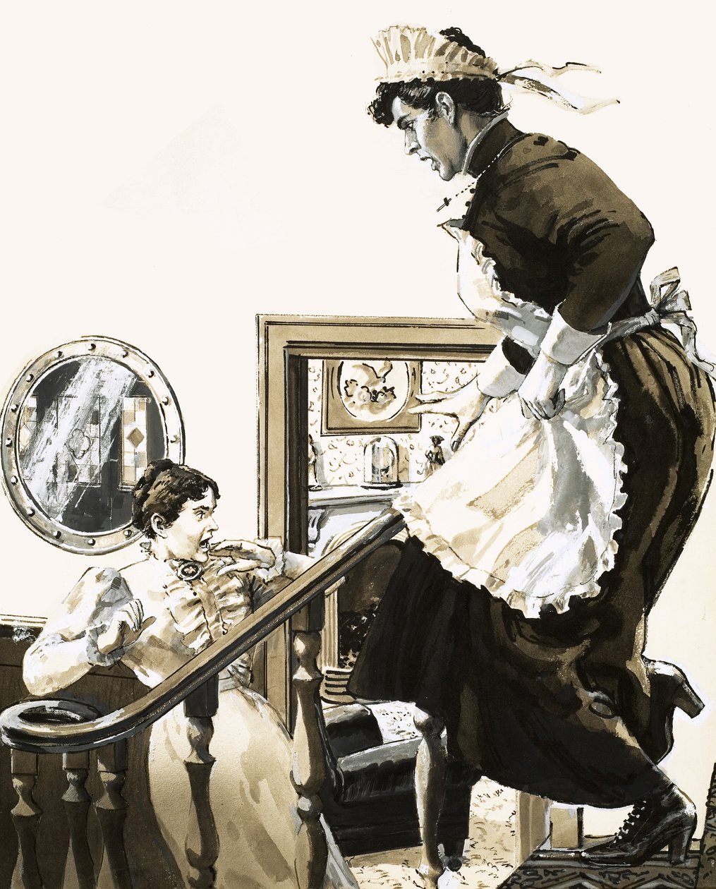 Unidentified woman screaming with maid coming down stairs in foreground by English School