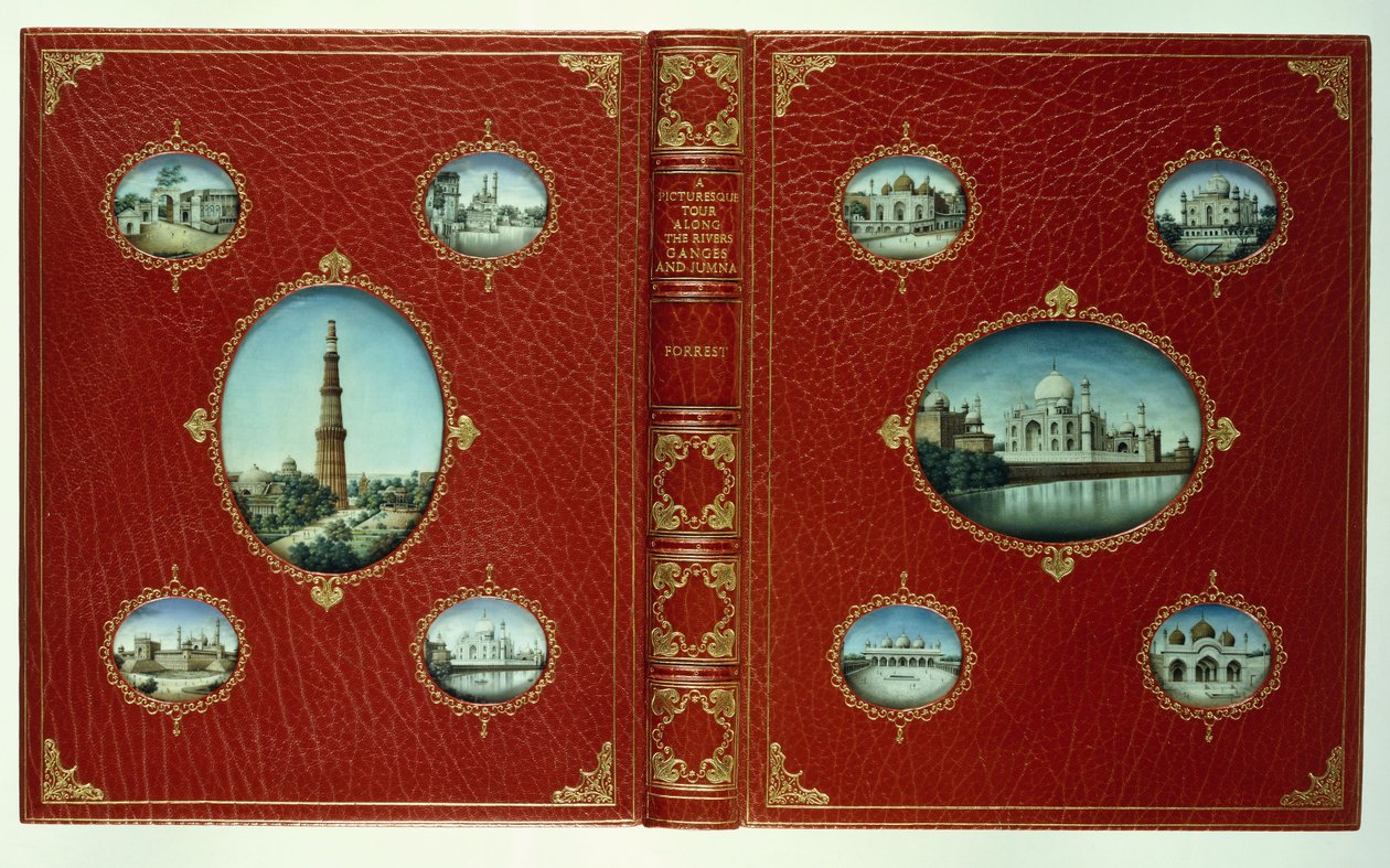 Upper and lower covers, ten oval miniatures of Mosques, with gilt borders by English School