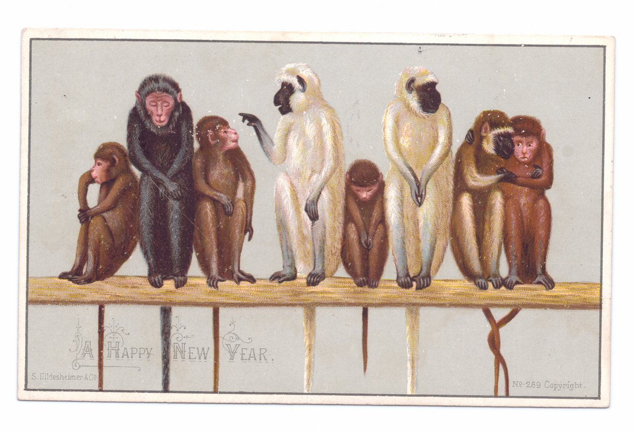 Victorian New Year Card with Eight Monkeys on a Ledge, c.1880 by English School