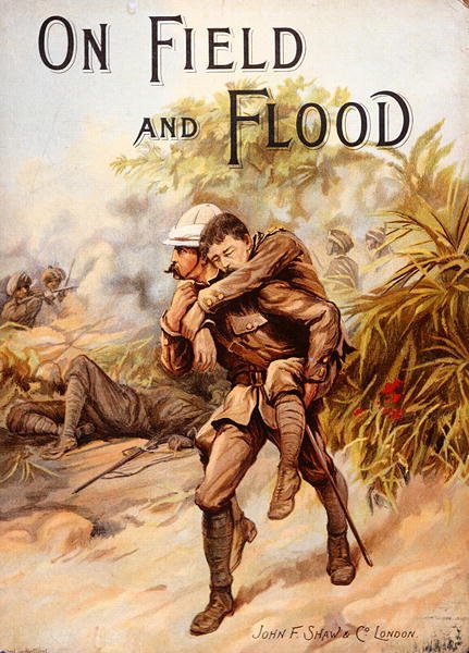 Victorian book cover depicting Surgeon-Captain Whitchurch winning the V.C. by carrying wounded Capt. Baird to safety under heavy fire in the Chitral Campaign, India, March 1895 by English School