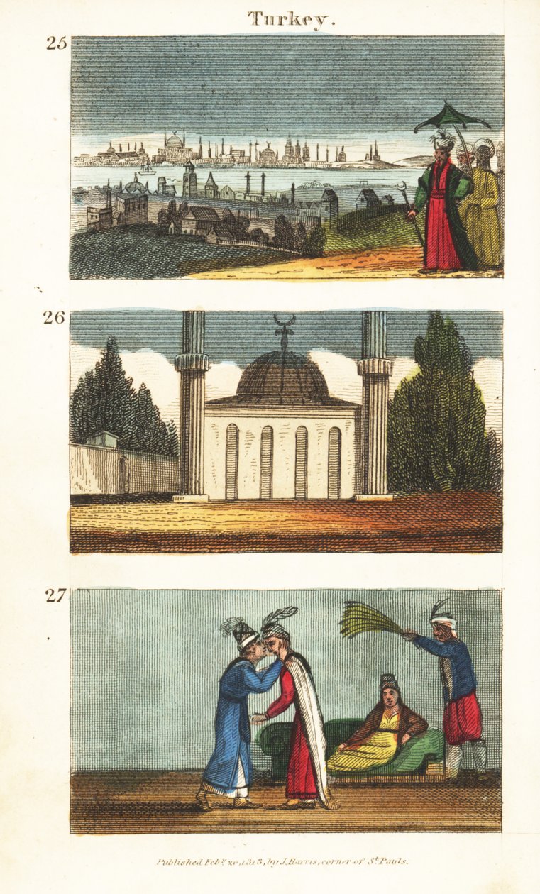 View of Constantinople (Istanbul) in the Early 19th Century, Muslim Mosque with Dome and Minarets, and Young Greek Women Kissing Each Other on the Eyes by English School