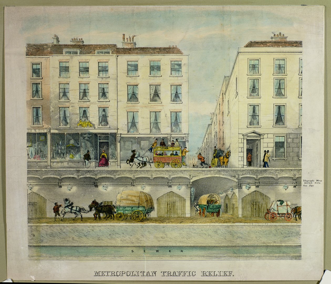 View of a London street with suggested tunnel underneath for traffic relief, c.1850 by English School