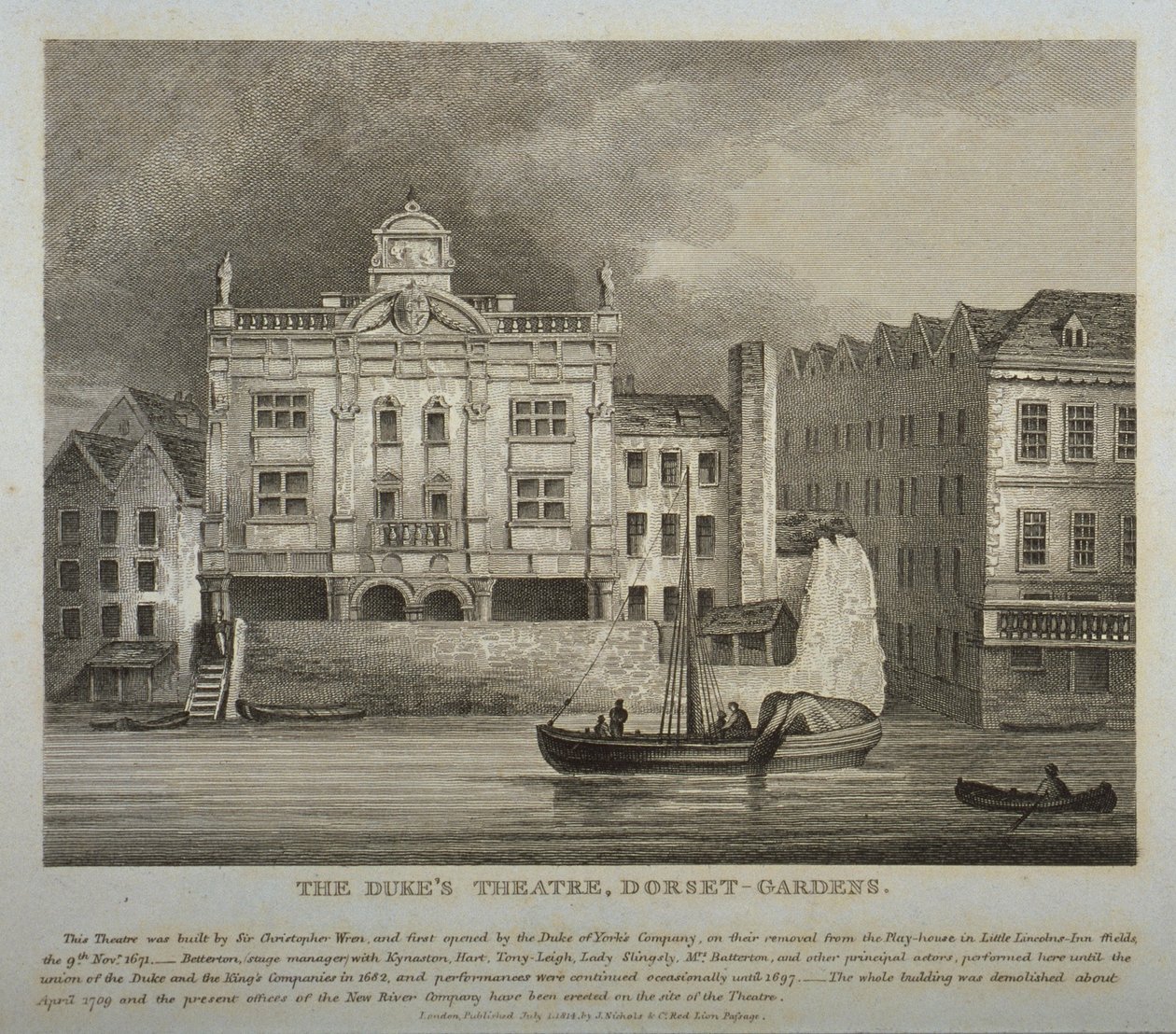 View of the Dukes Theatre, Dorset Gardens, from the River Thames by English School