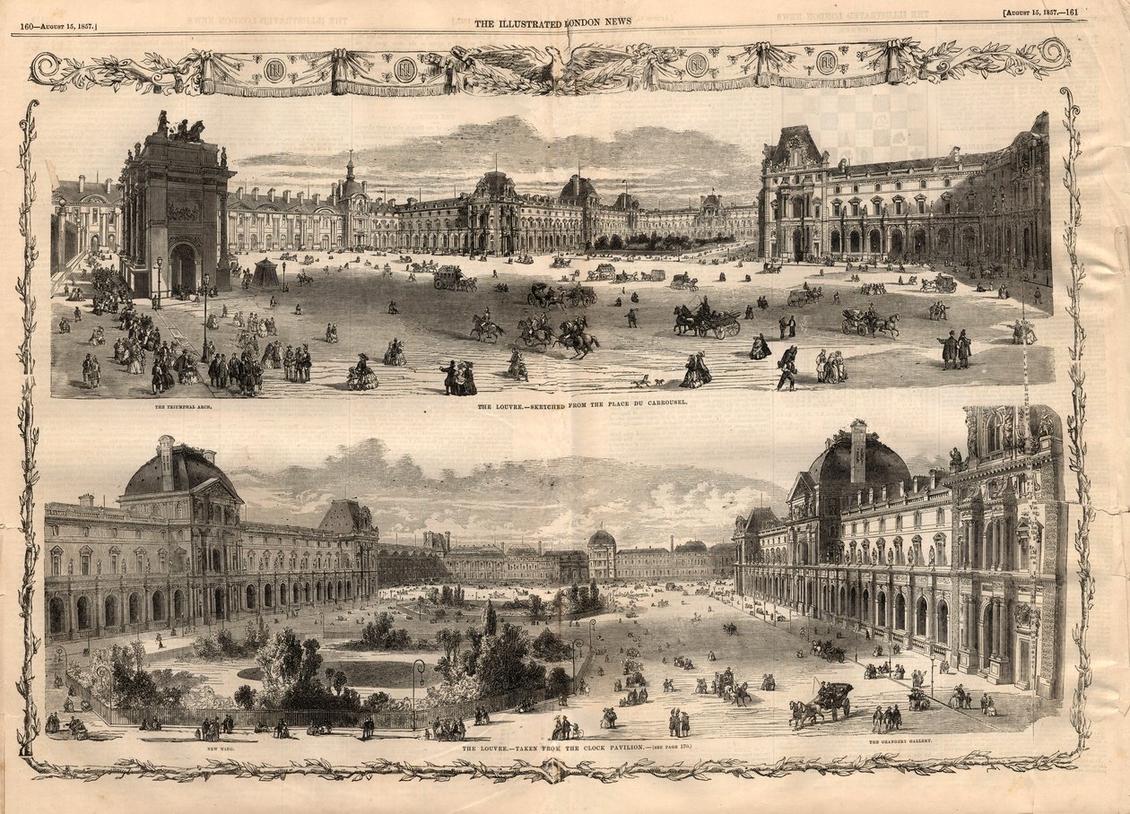 Views of the Cour Carree du Louvre in Paris. Engraving in 