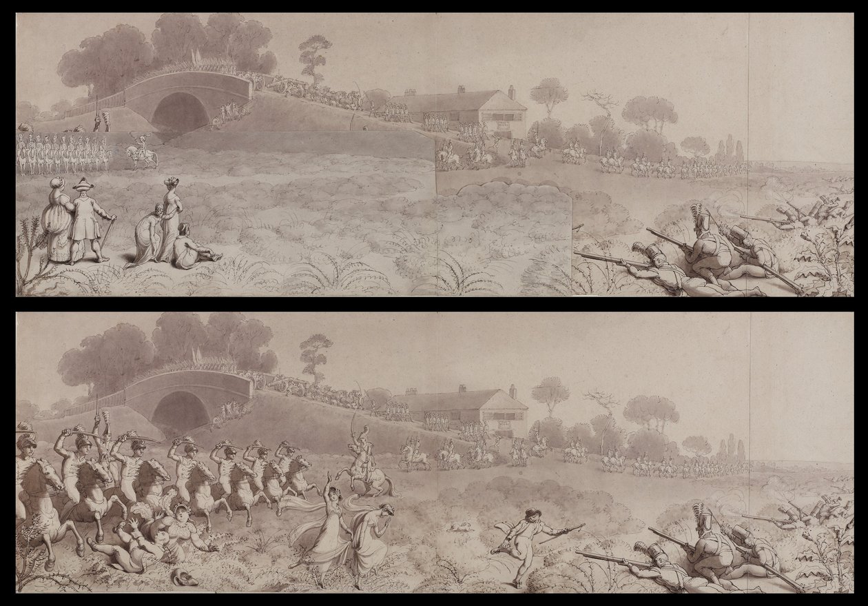 Volunteer review at Wormwood Scrubs showing the Mitre Tavern and the Mitre Bridge, Hammersmith, c.1800 (wash on paper) by English School