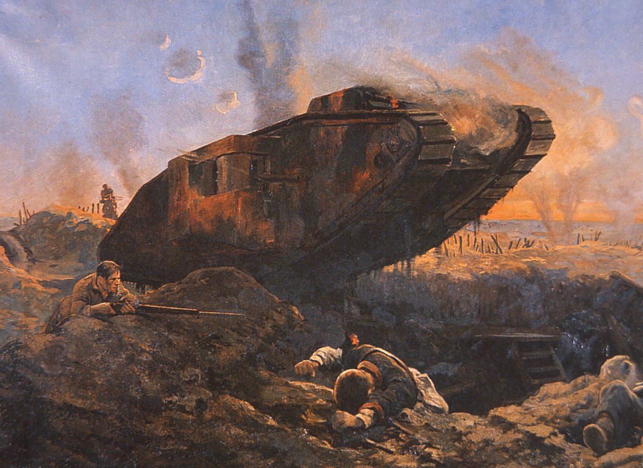 WWI British Tank in Action on the Western Front by English School