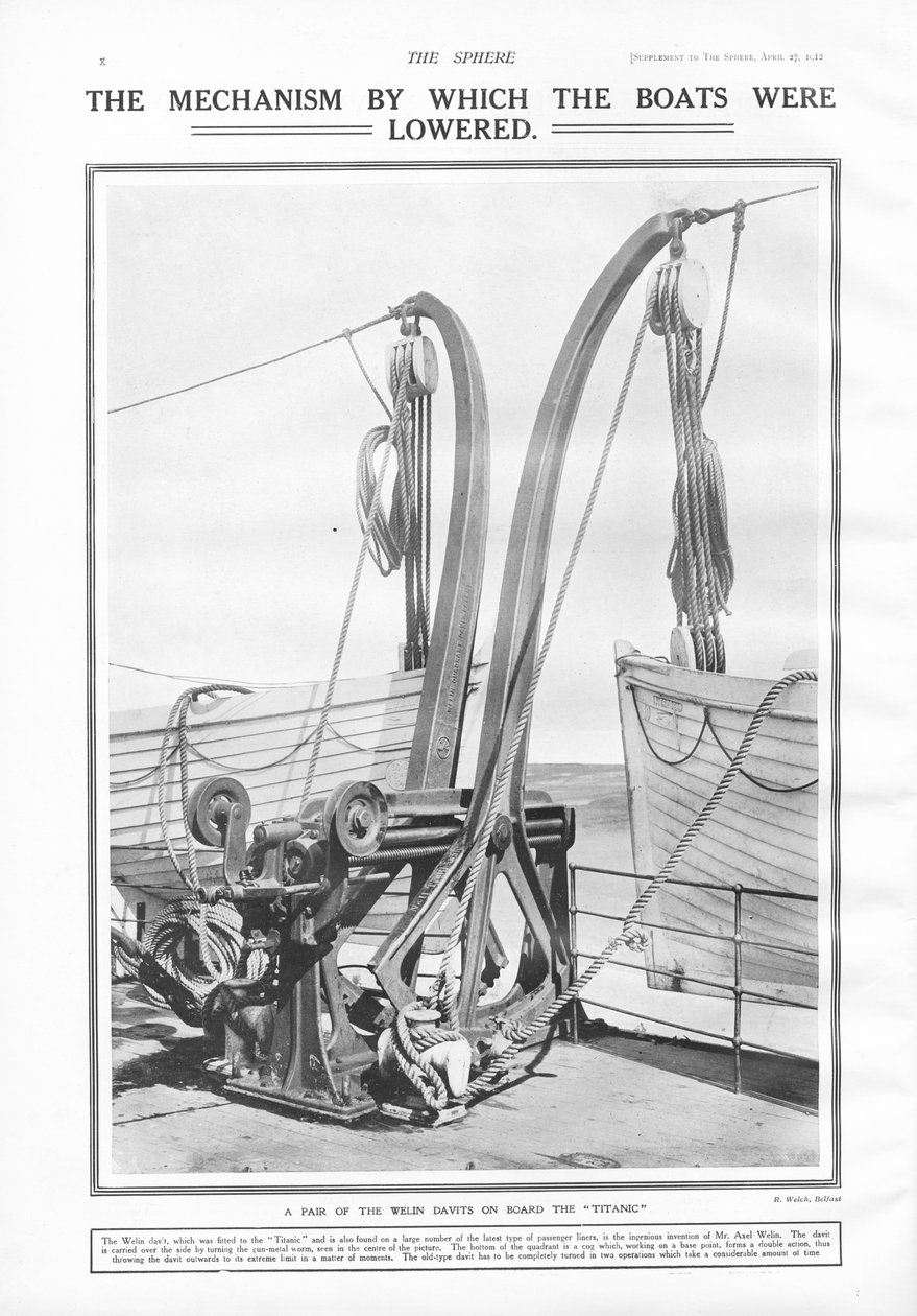 Welin davits, the mechanism by which the boats were lowered, from The Sphere, 27 April 1912 by English School