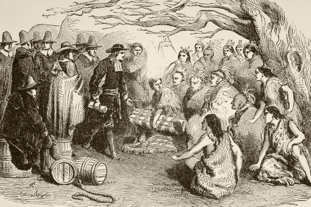 William Penn makes a treaty with the Delaware or Lenape Indians in 1682 by English School