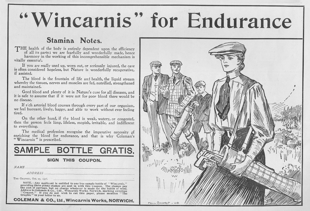 Wincarnis for Endurance, advertisement from The Graphic, October 27th 1906 by English School