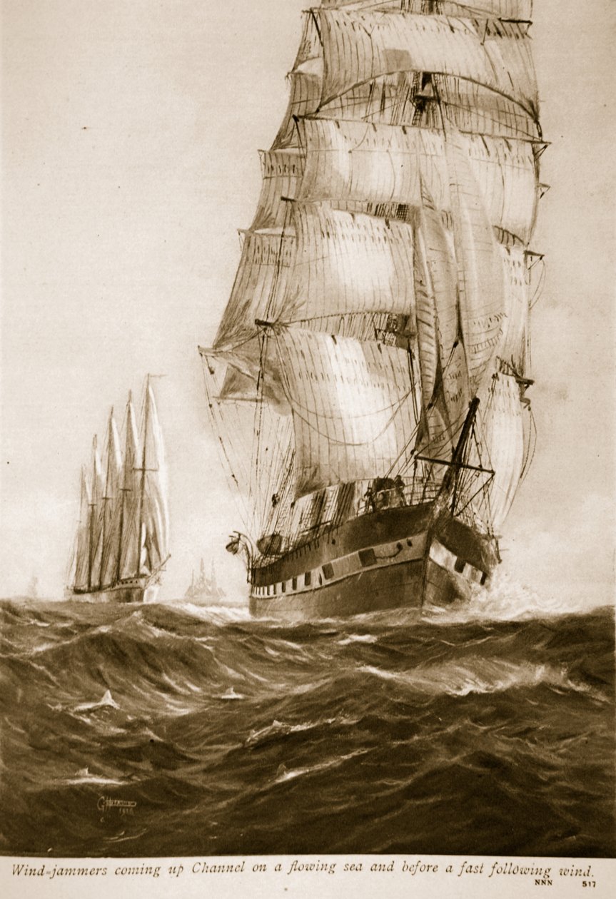 Wind-jammers coming up Channel on a flowing sea and before a fast following wind by English School