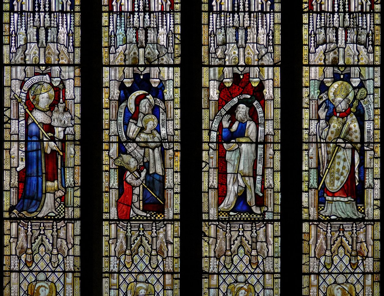 Window Ew depicting St Ethelbert, St Anne and the Virgin, Joachim, St Thomas of Hereford by English School