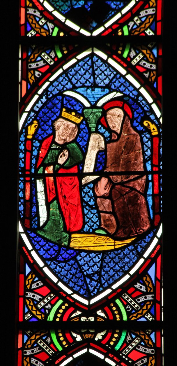 Window depicting a king with a monk by English School