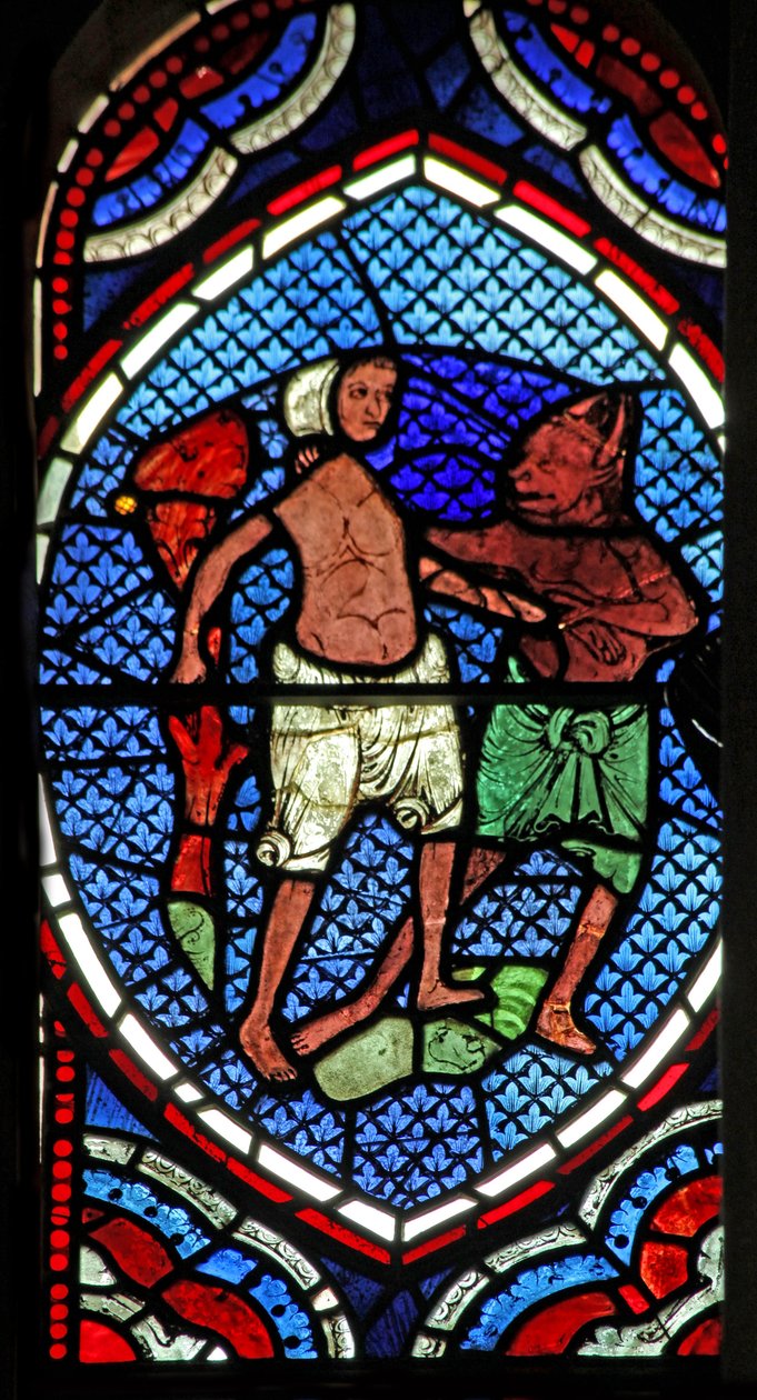 Window depicting a scene from the Prodigal Son story: he is led astray by English School