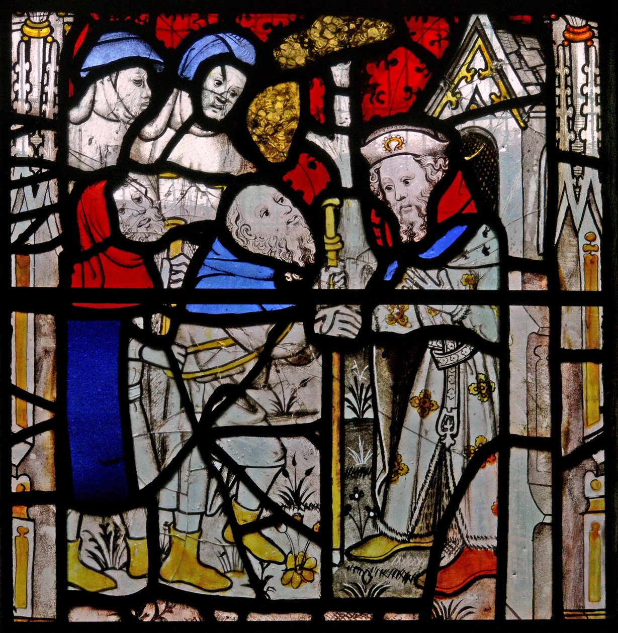 Window N4 depicting the Works of Mercy: giving shelter to the homeless by English School
