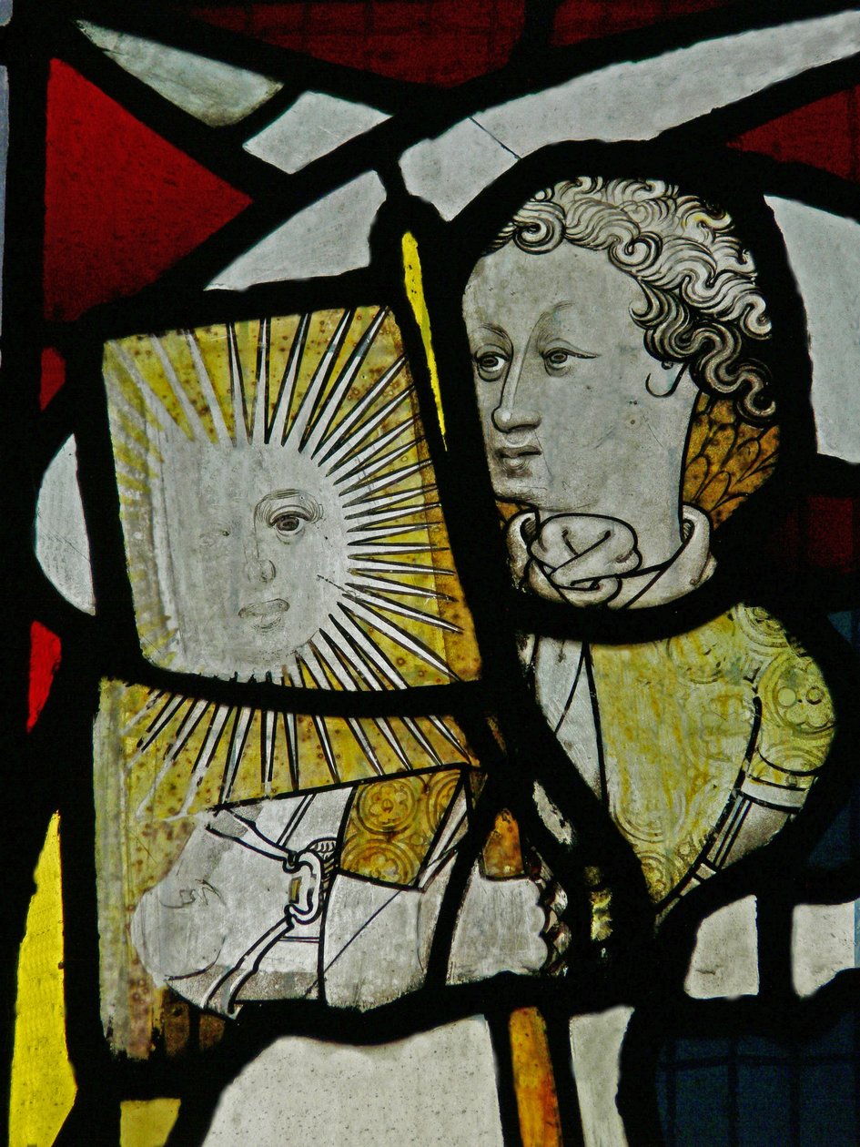Window S5 depicting an Angel with a Flag with the Sun and a Face by English School