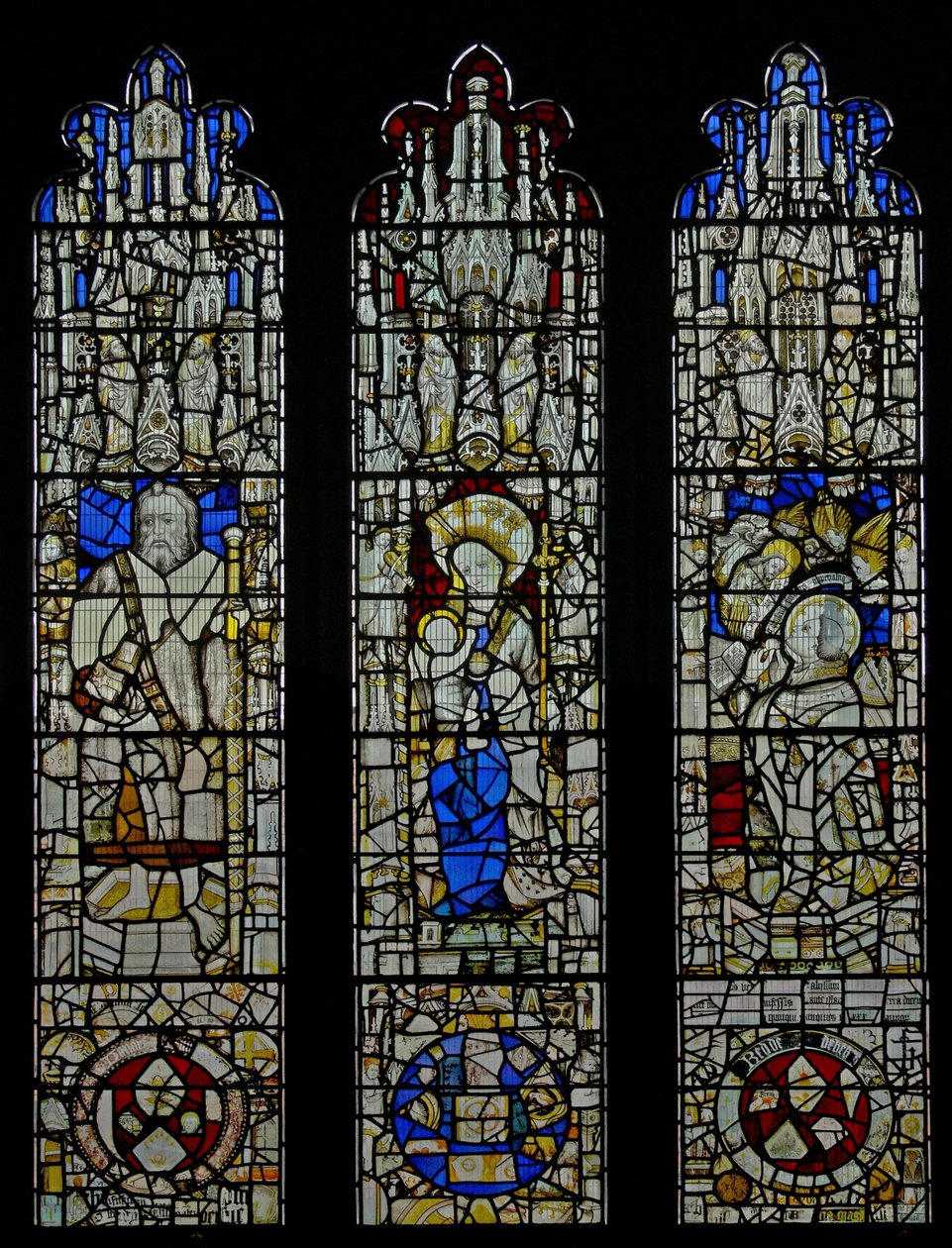 Window S6 depicting St James, the Virgin and Child, the Mass of St Gregory by English School