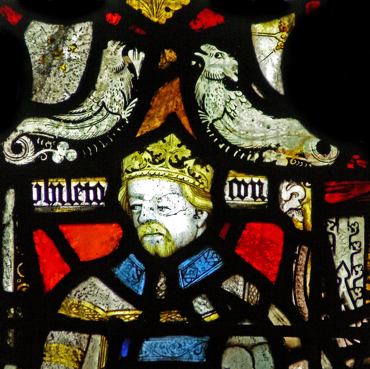 Window depicting a composite figure of a king and an archbishop; grotesques by English School