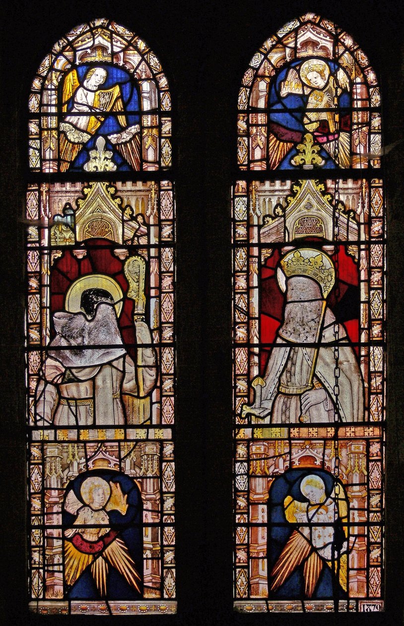 Window Ww depicting four angels, a bishop and a king by English School