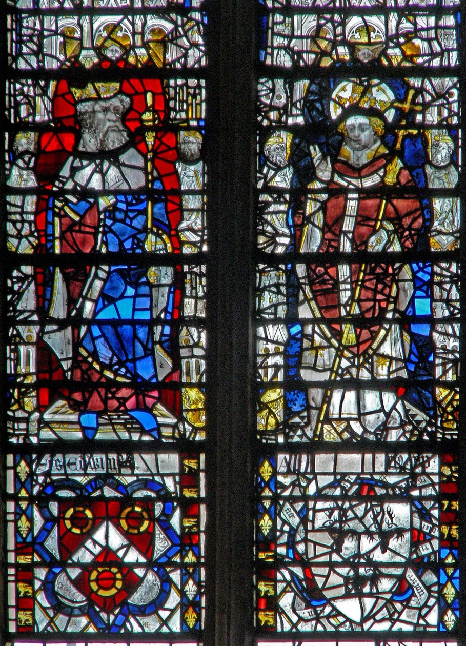 Window depicting figures and shields below by English School