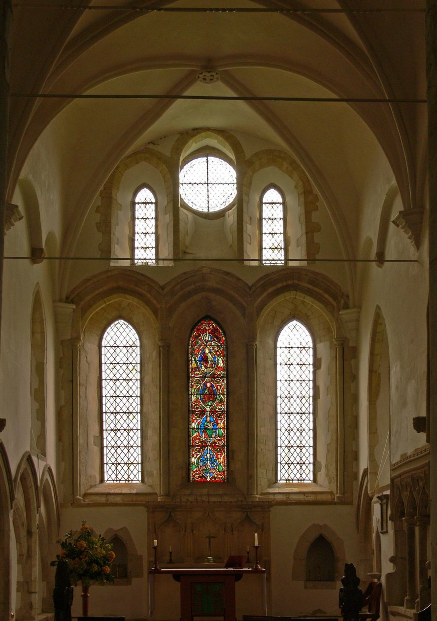 Window depicting a view of the east end of the choir with the Tree of Jesse window by English School