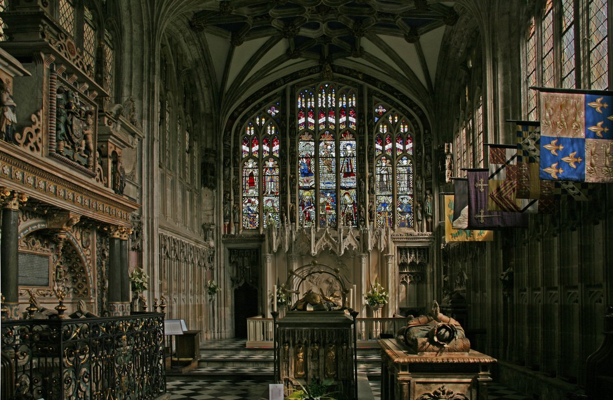 Window depicting the east window of the Beauchamp Chapel by English School