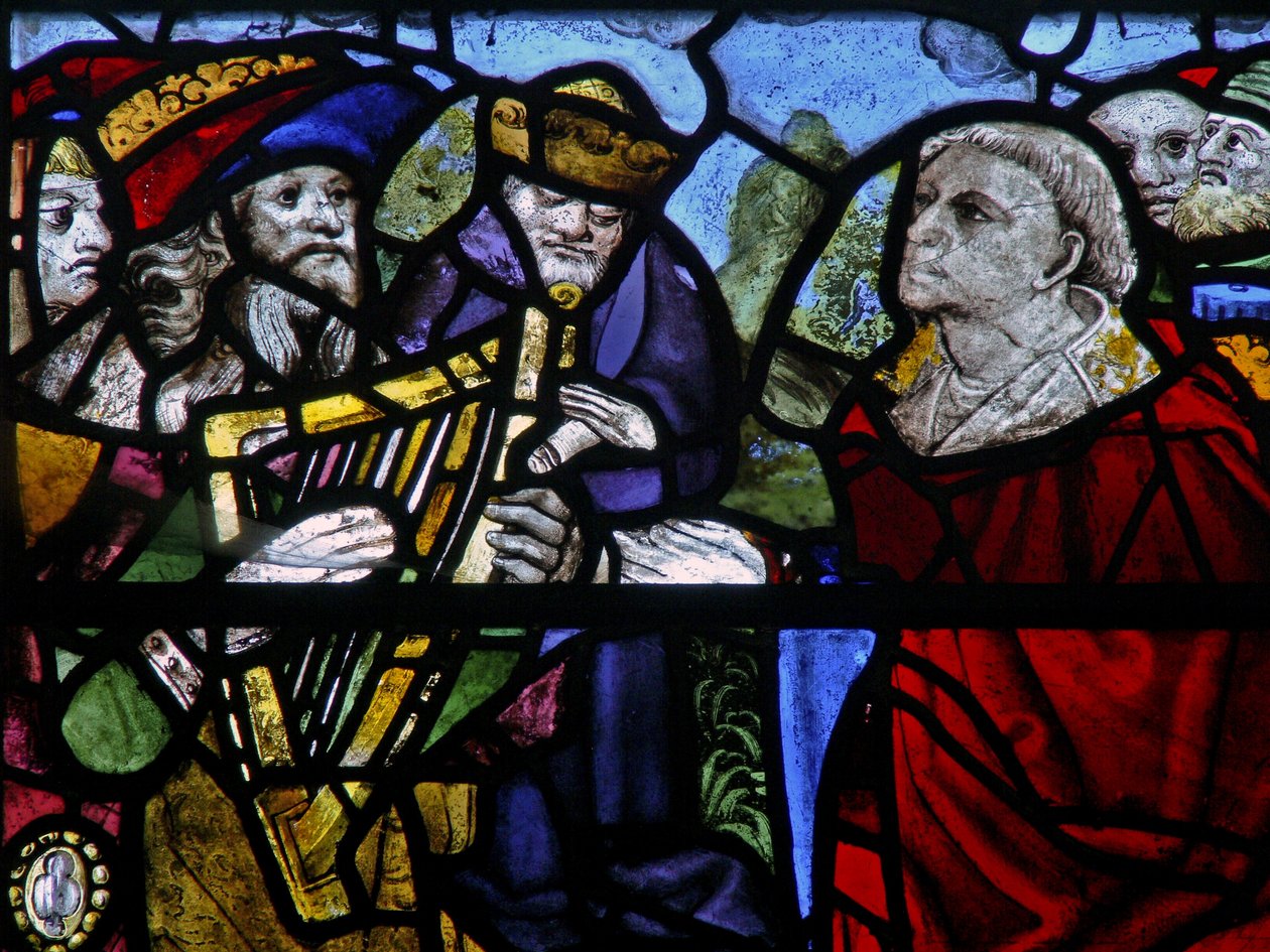 Window 5 depicting a figure with a harp (detail) by English School