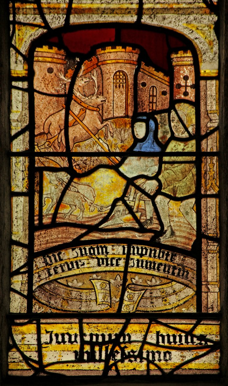 Window 5 depicting St Neot ploughing with the help of stags by English School