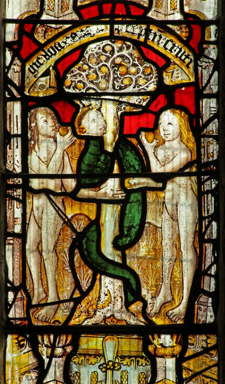 Window 1 depicting the Adam and Eve story: the Serpent beguiles by English School