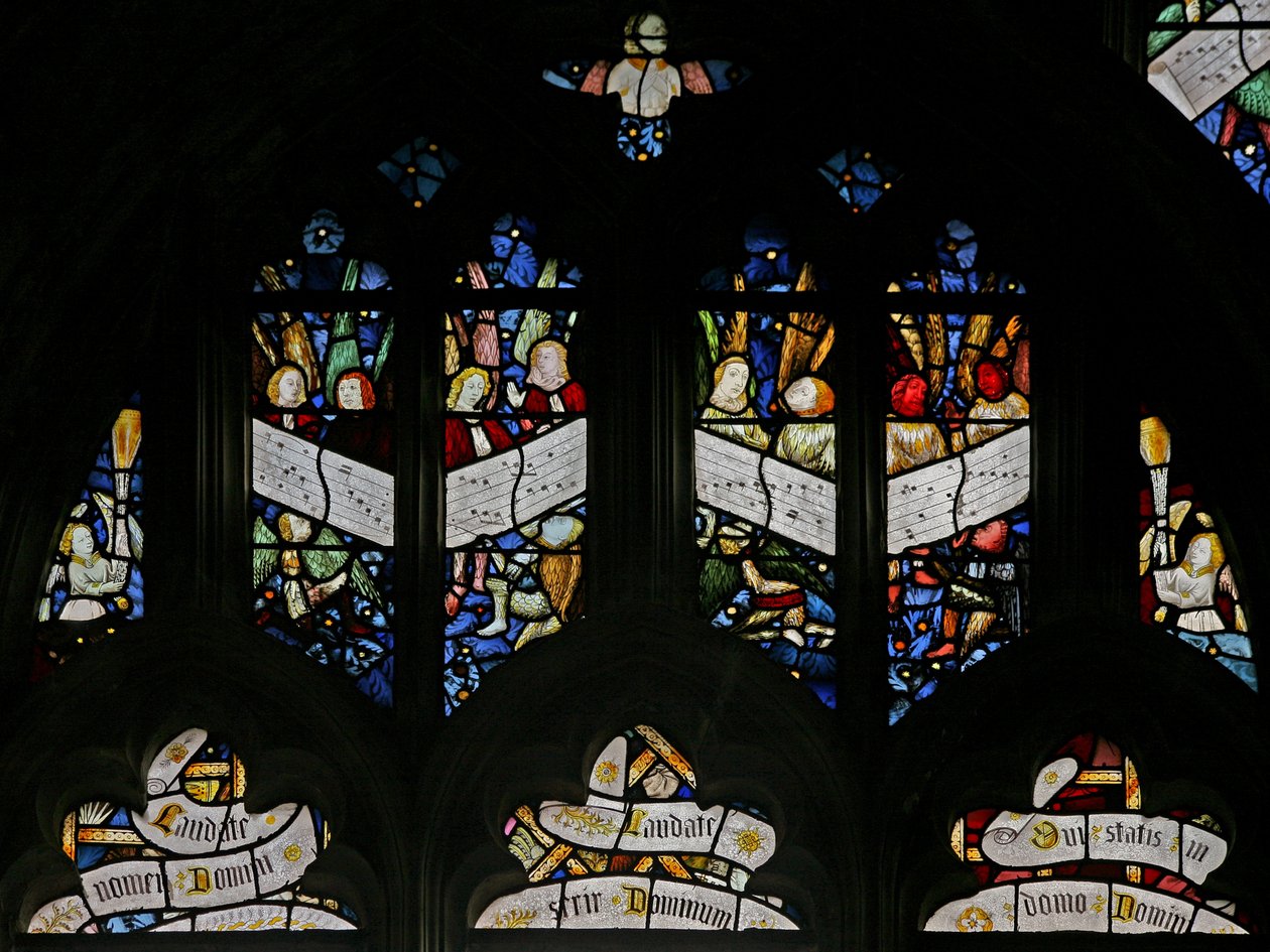Window depicting tracery lights with musical angels by English School