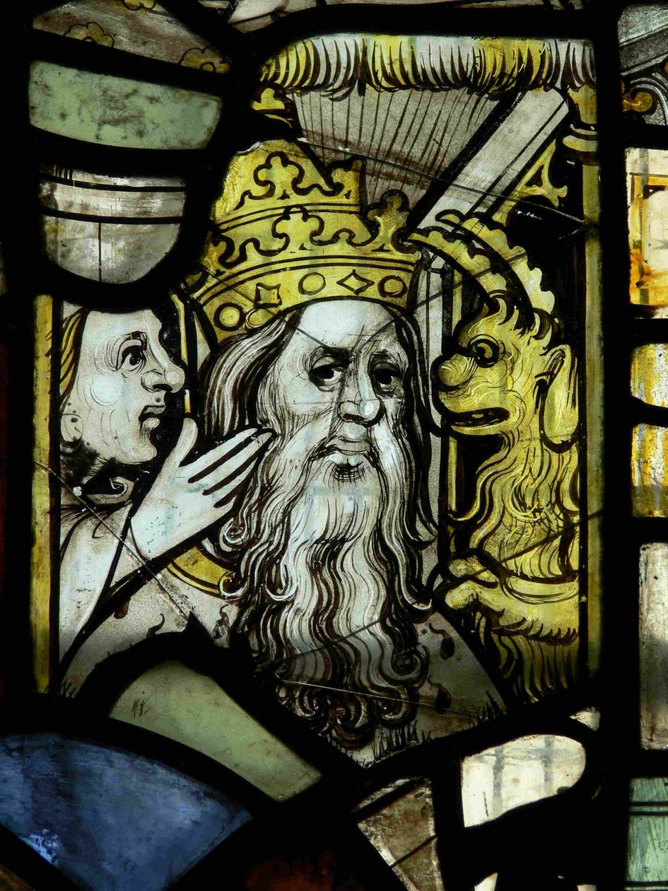 Window S3 depicting a pope receiving counsel from a woman egged-on by a demon by English School