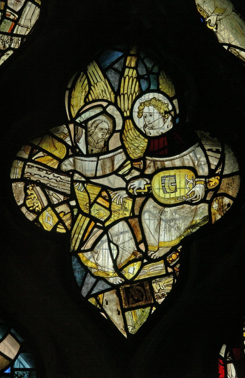 Window depicting two musician angels, one with a hurdy-gurdy by English School