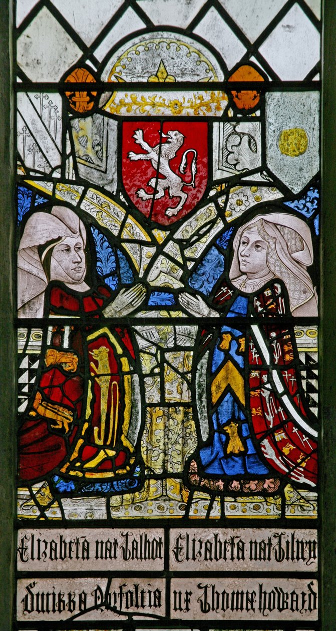 Elizabeth Talbot, Duchess of Norfolk and Elizabeth Tilney, Countess of Surrey with the Coat of Arms of the Mowbray Family Above by English School