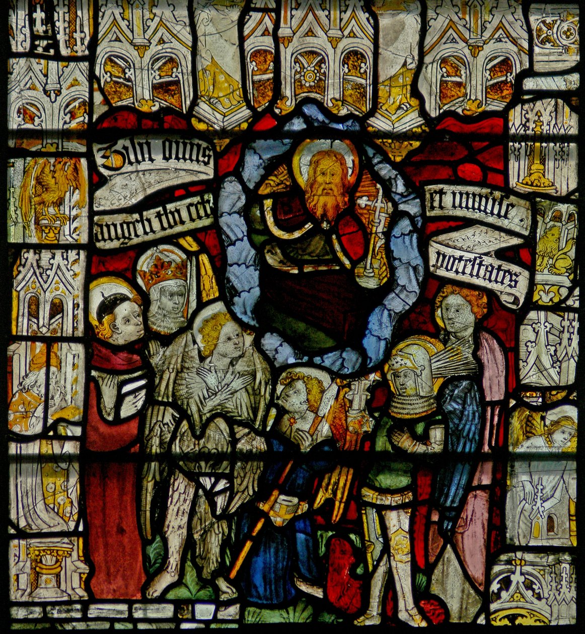 Window w24 depicting the Te Deum with the Angelic Hierarchy by English School