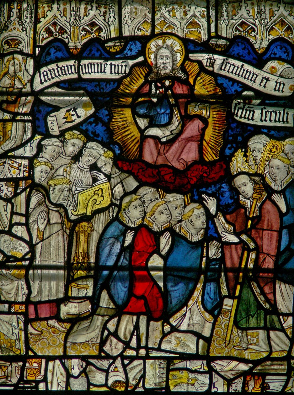 Window w25 depicting the Te Deum: the clergy by English School