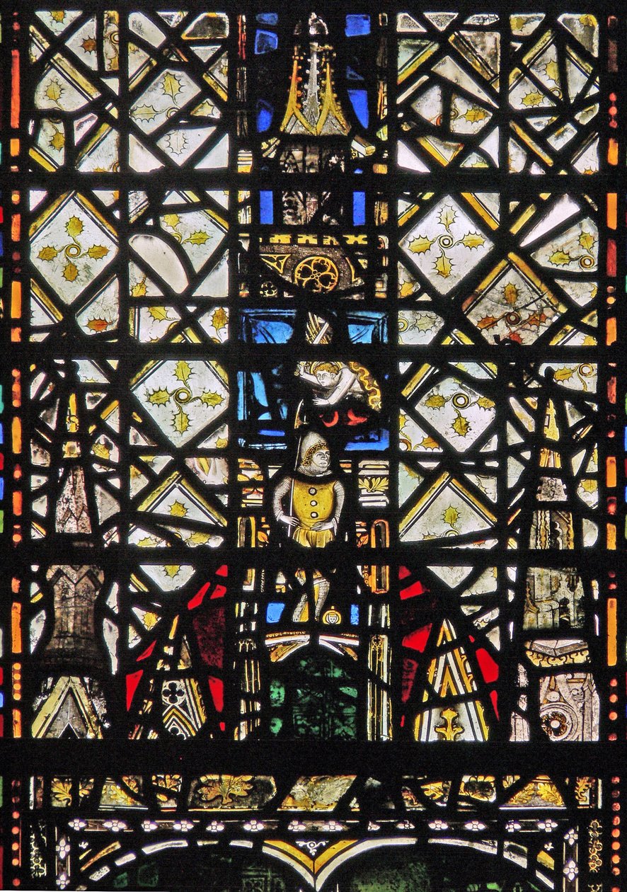 Window w31 depicting a canopy with a figure by English School