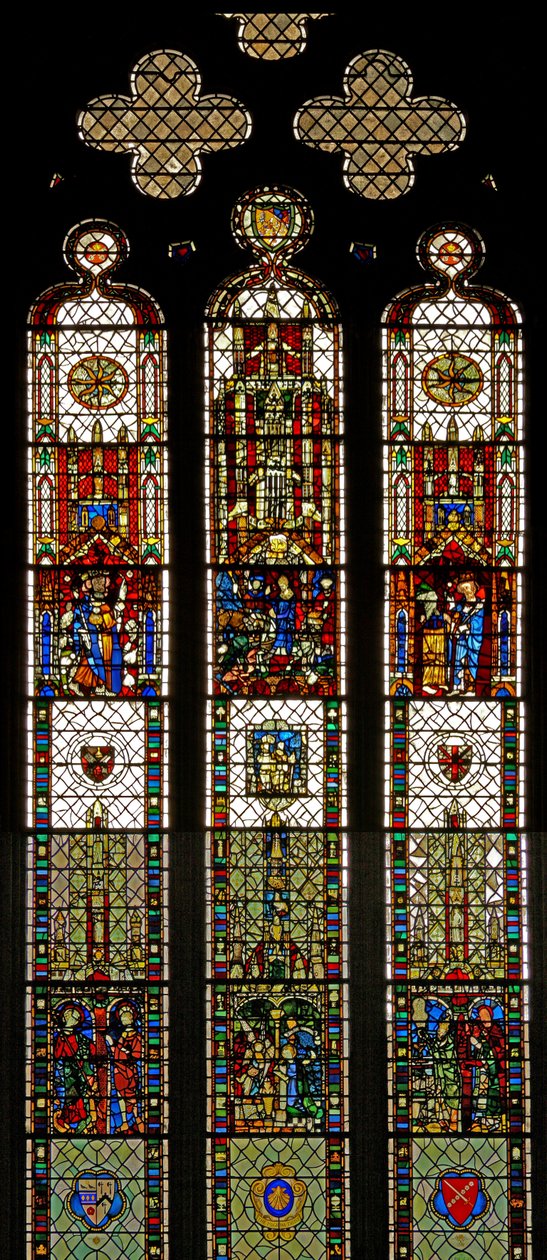 Window w31 depicting a composite window with St Edmund, St William, St George, Annunciation, Adoration of the Magi by English School