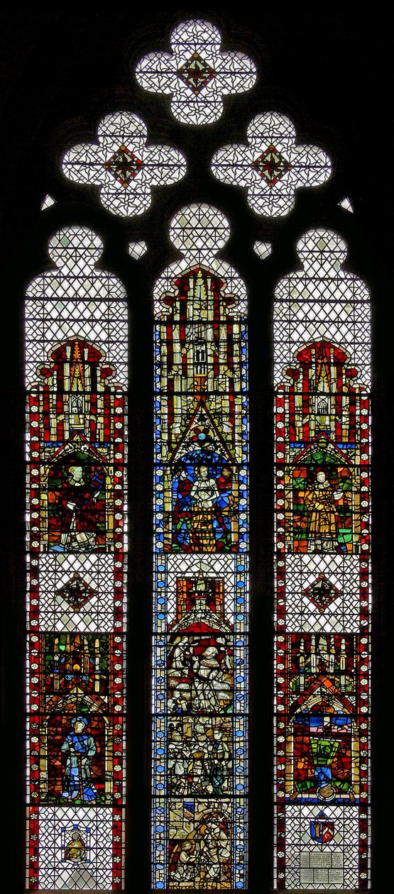 Window w32 depicting St George, St Lawrence, St Stephen, St Cuthbert, St Peter, St Anne, St Joachim by English School